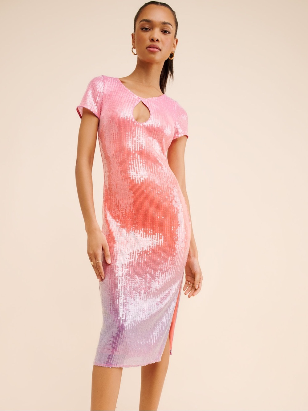 Anthropologie Hutch Pink Ombre Sequin Keyhole Dress with slit size large